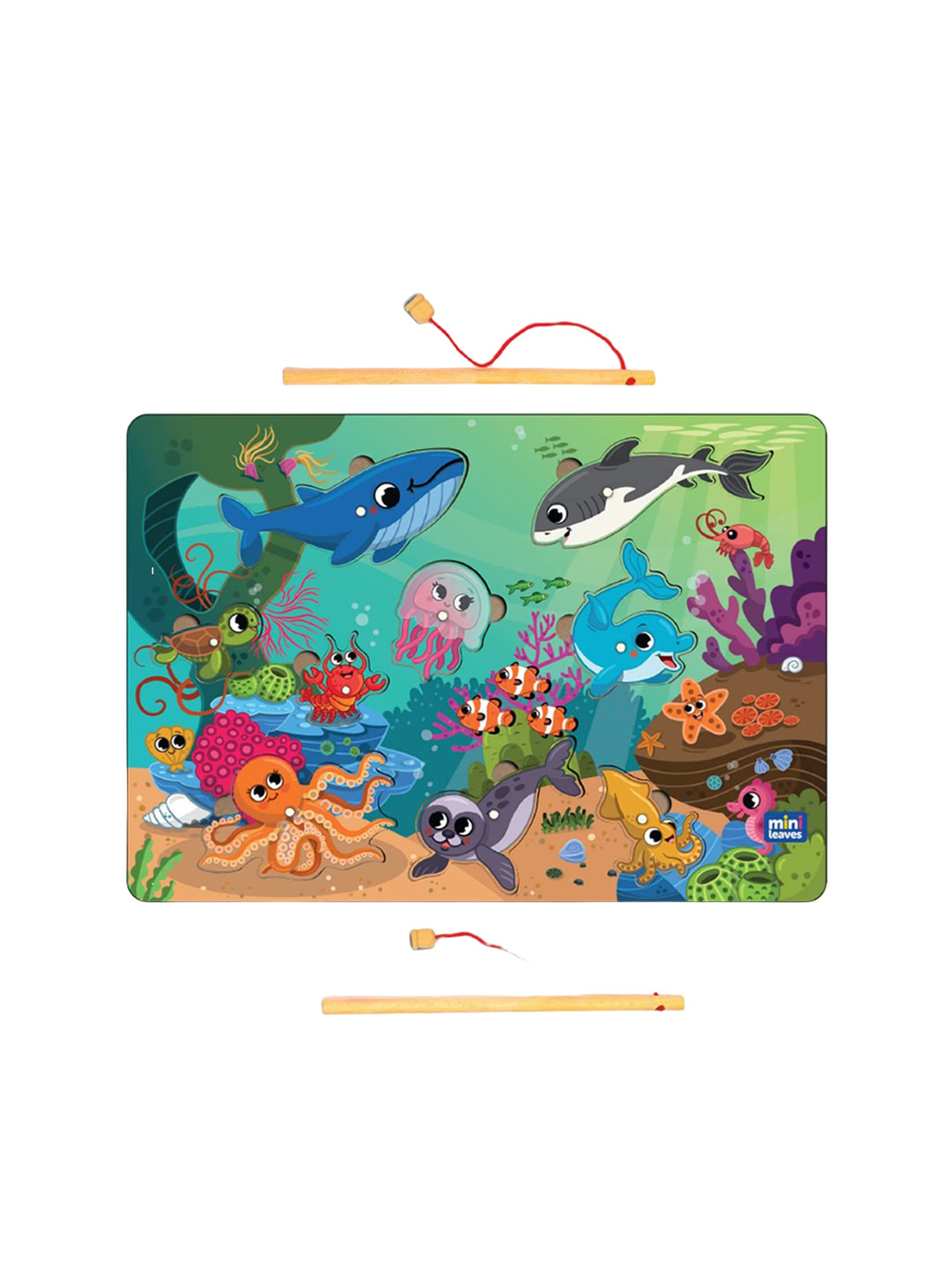 Mini Leaves 9-Piece Wooden Fish Toy with 2 Sticks Magnetic Fishing Game for Kids 2+yrs