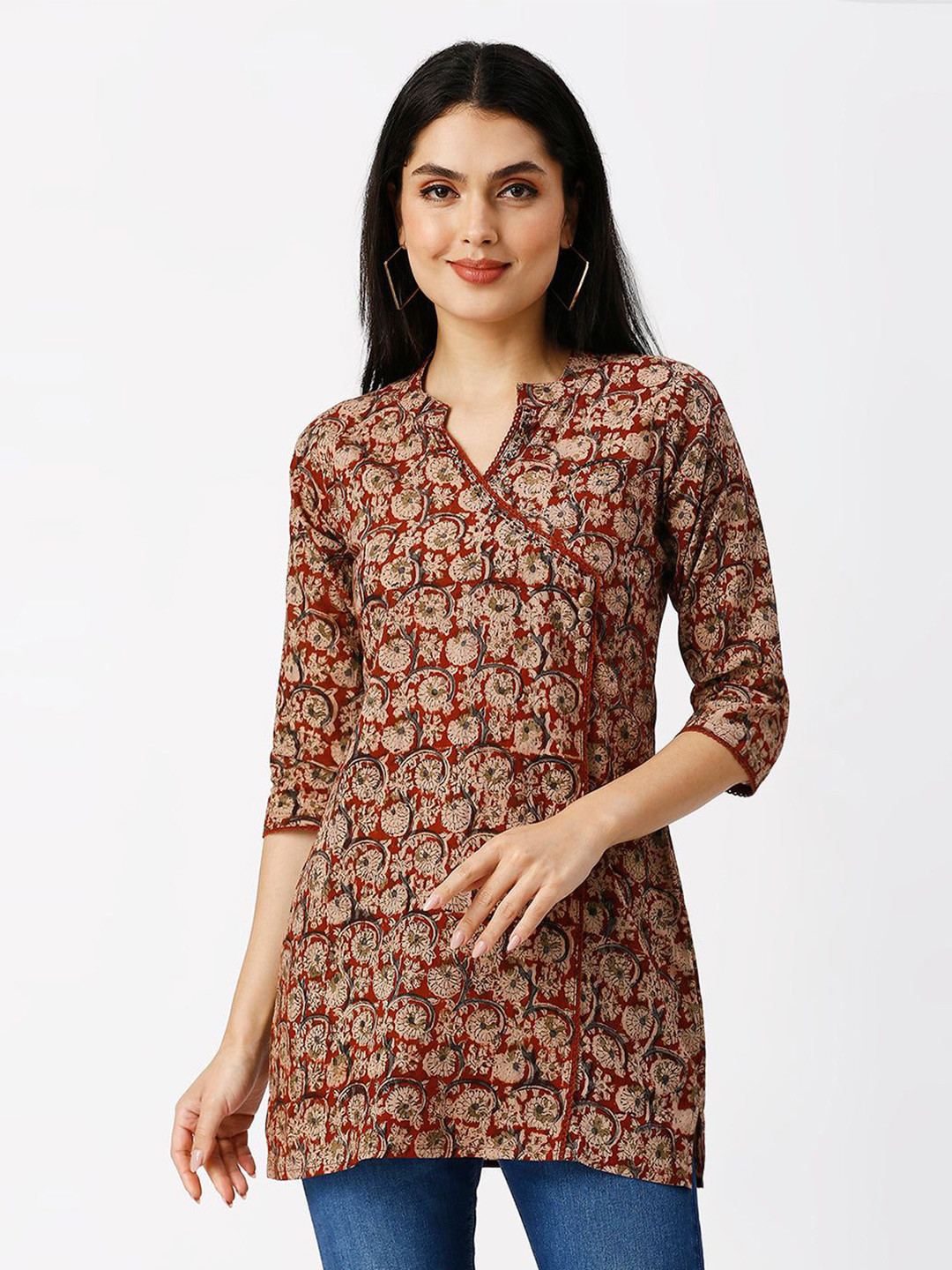 STUNICS Floral Print Mandarin Collar Cotton Top