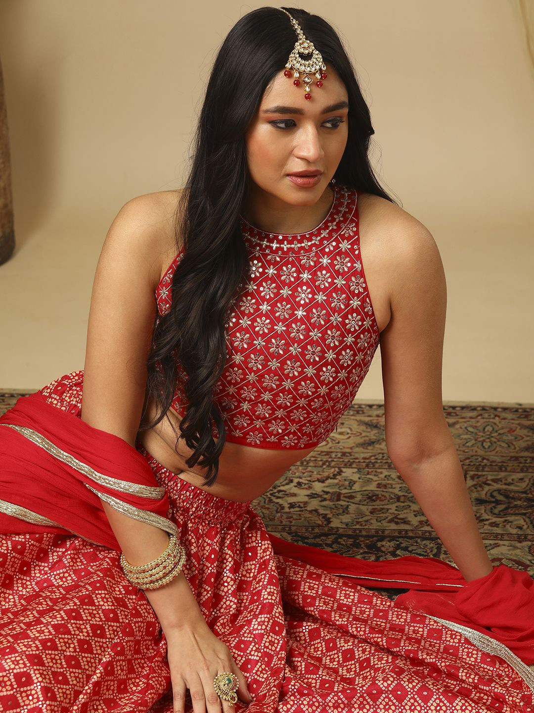 Globus Embroidered Sleeveless Top Skirt & Dupatta Co-Ords