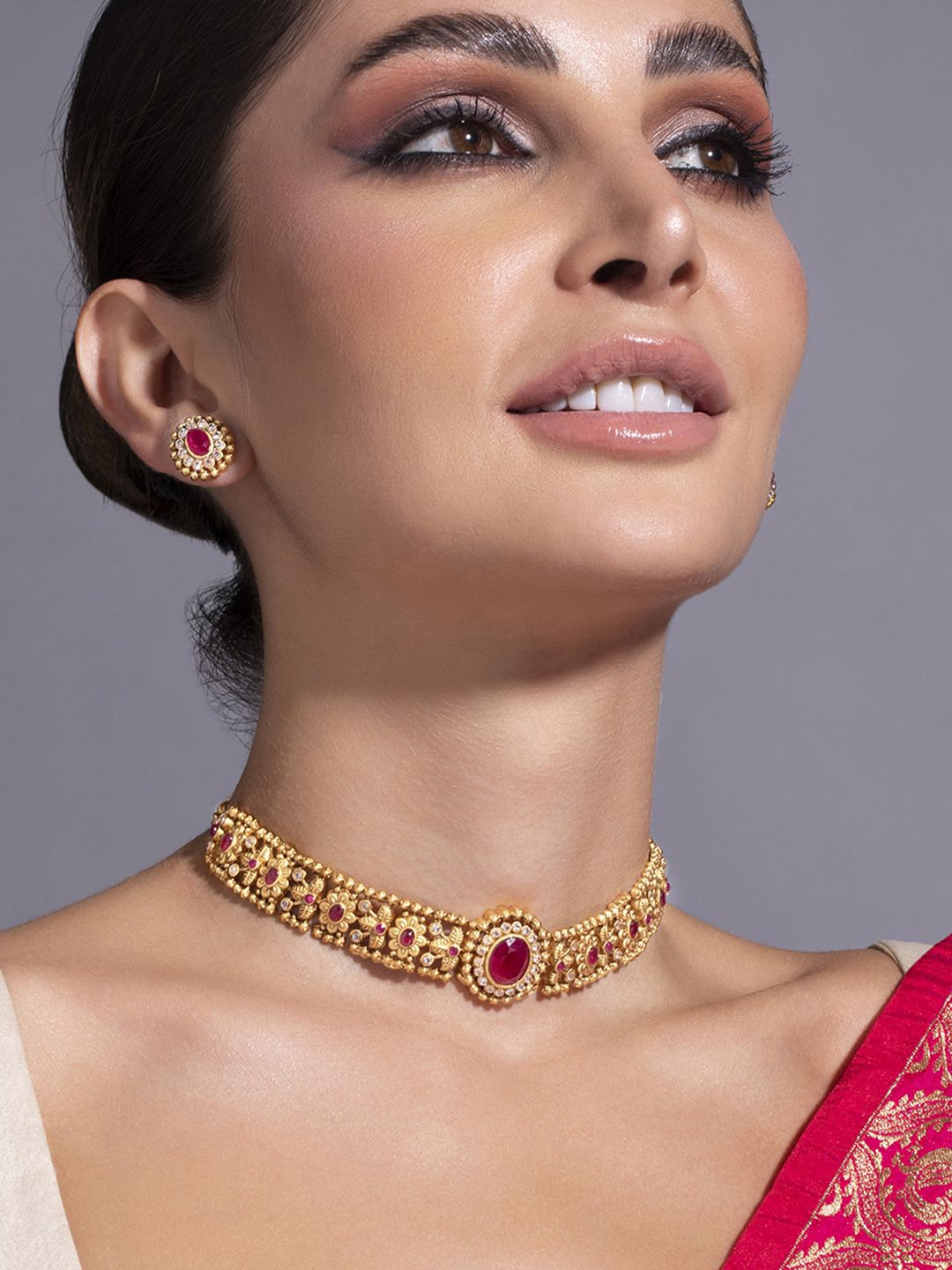 Rubans 24K Gold Plated Handcrafted Ruby & Cubic Zicronia Studded Choker Jewellery Set - Jewellery Set for Women 30550416 | Myntra
