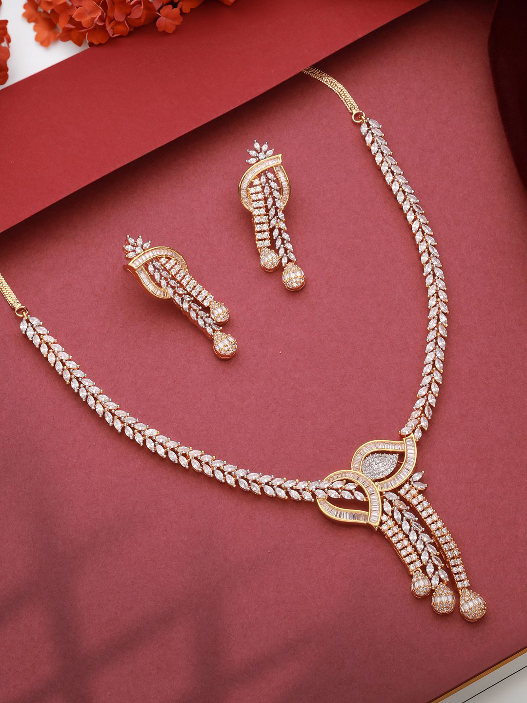 Saraf RS Jewellery Gold-Plated American Dimond Studded Jewellery Set