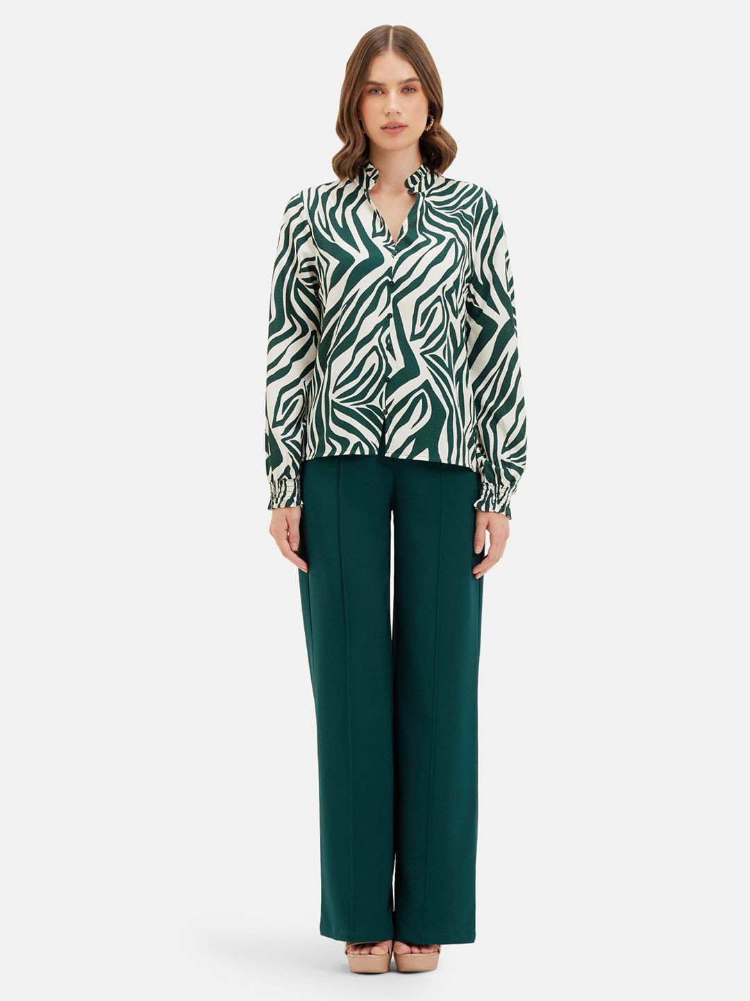 Kazo Tropical Print Ruffles Crepe Shirt Style Top