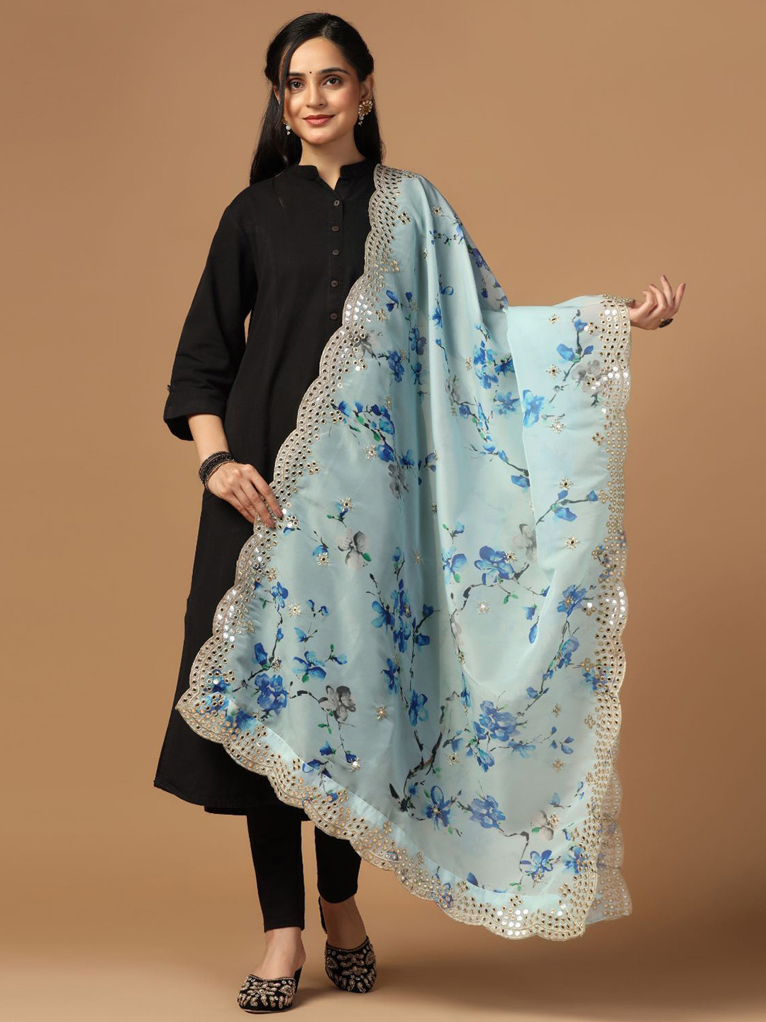 Kaizen TEXO FAB Printed Mirror Work Organza Dupatta