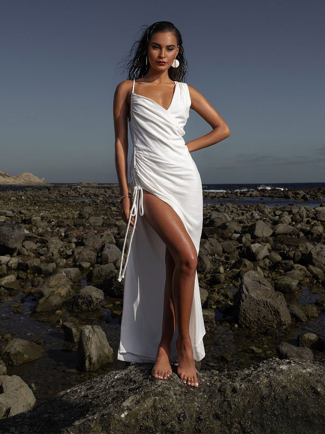 Bee Boe Asymmetric Neck Sleeveless Linen Maxi Dress