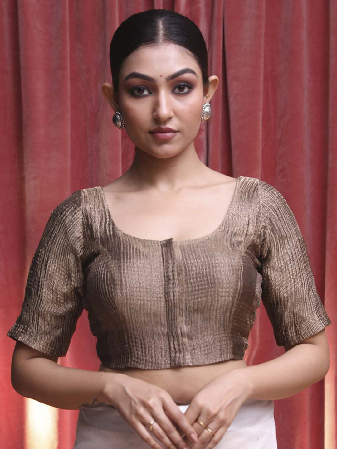 Indethnic  Woven Design U-Neck Ready Made Saree Blouse