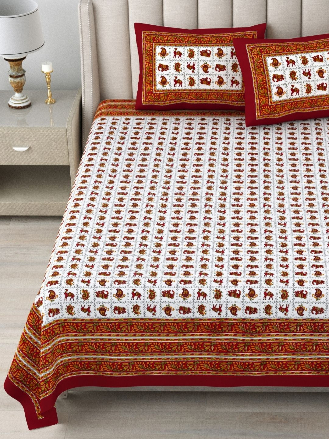 The Craft Monk White Animal Pure Cotton 300 TC King Bedsheet with 2 Pillow Covers-115 x 100 inches