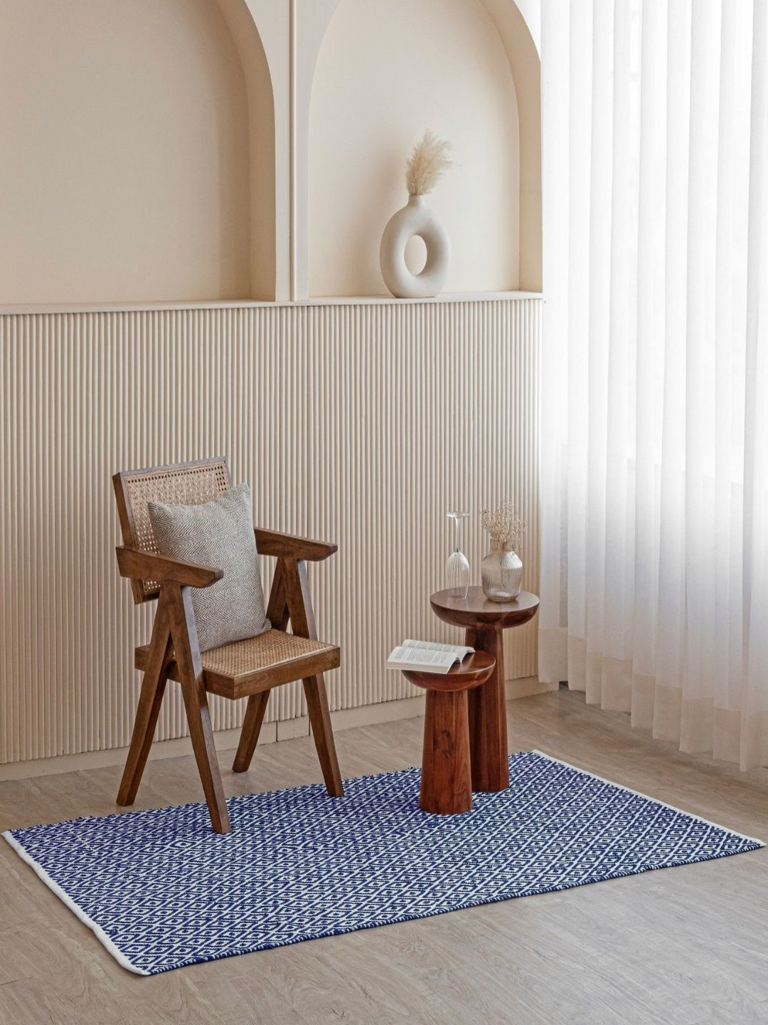 HOMEMONDE Blue Geometric Handmade Cotton Carpet