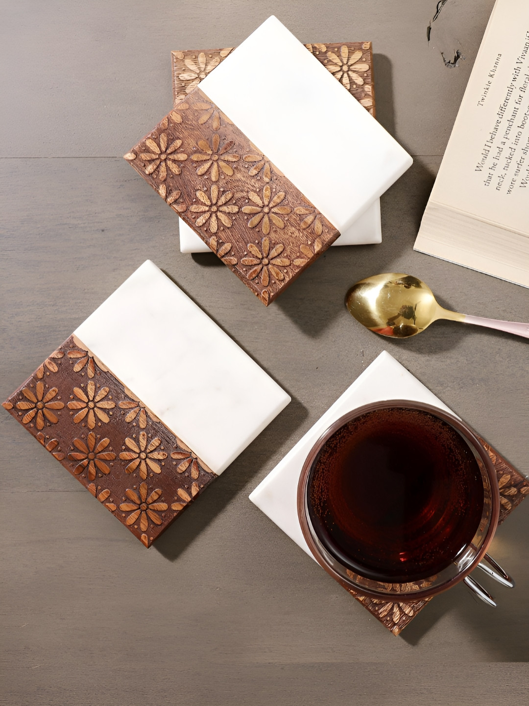 NikkisPride 4-pcs White & Brown Floral Printed Marble Wood Coasters