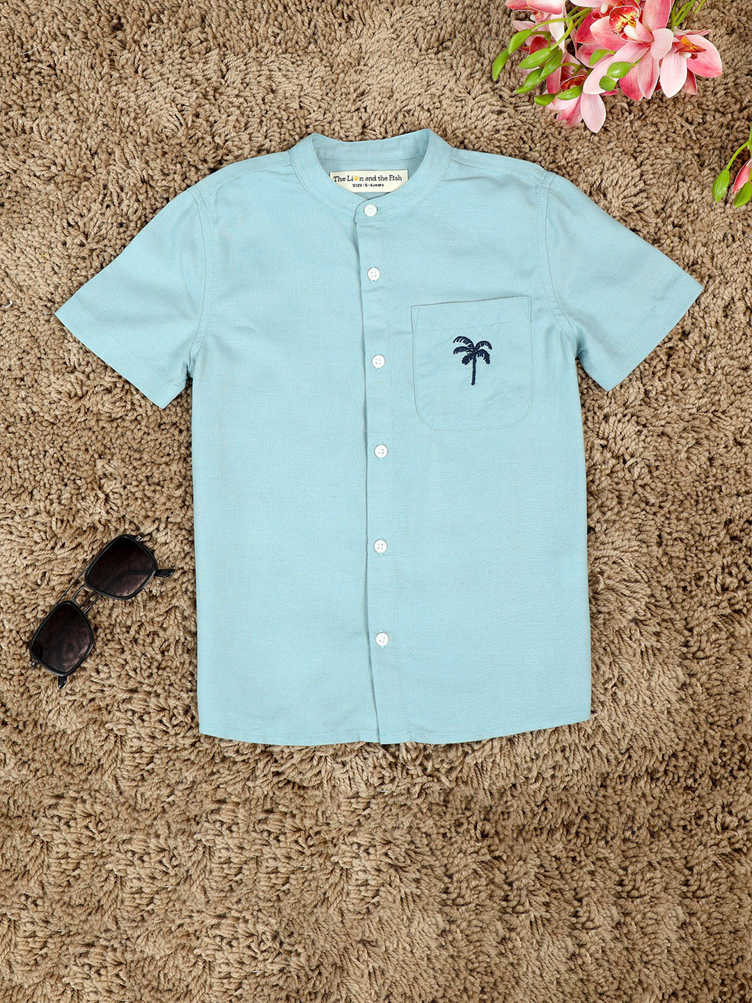 The Lion and The Fish Boys Mandarin Collar Embroidered Shirt