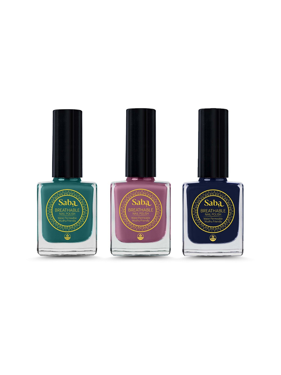 Saba Set Of 3 Breathable Nail Polish 12Ml - Hibiscus Red Mulberry Pink & Emerald Green