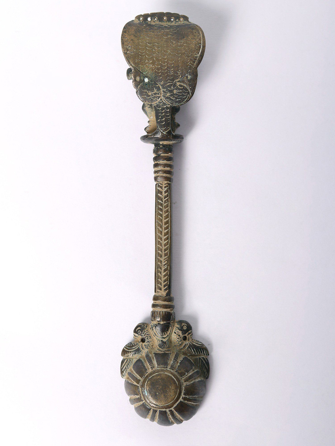 Exotic India Baby Krishna Ritual Spoon with Peacock Pair In Brass