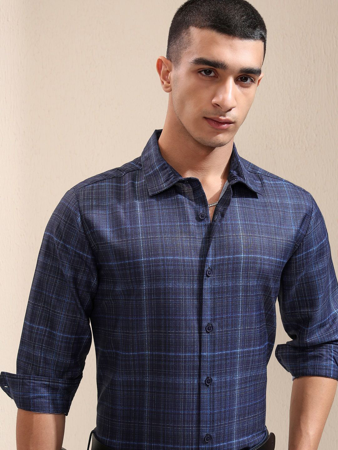 HIGHLANDER Men Popcorn Checked Regular Fit Shirt