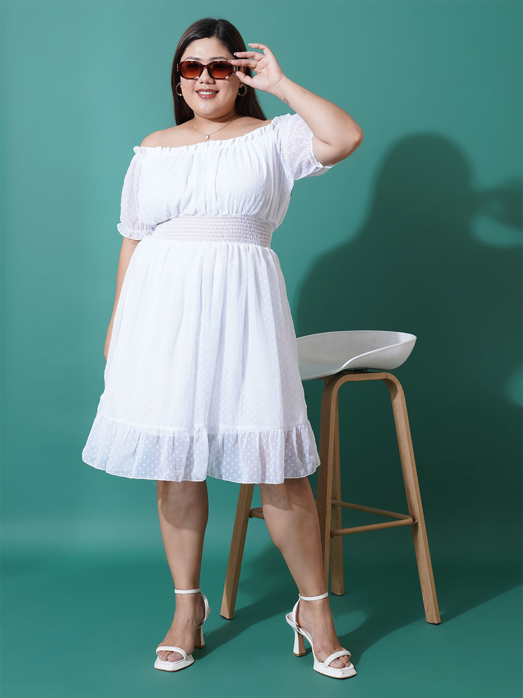 U&F Beyond Off-Shoulder Puff Sleeve Ruffled Georgette Fit & Flare Dress