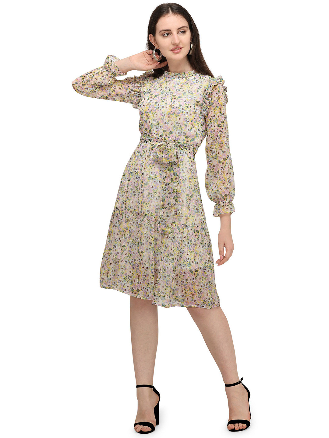 Murcia Floral Printed Cuffed Sleeves Tiered Fit & Flare Dress