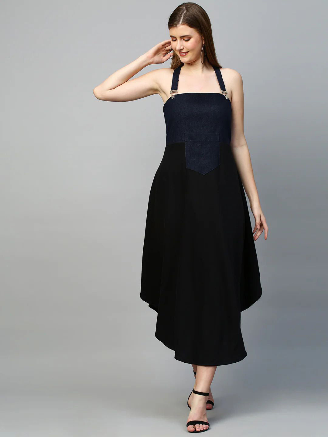 ECHKE Halter Neck Denim Maternity A-Line Midi Dress