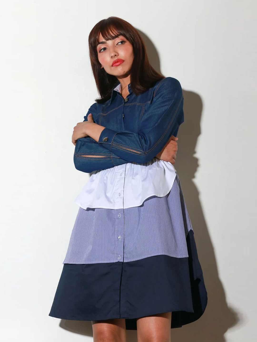 ECHKE Women Long Sleeves Dress With Shirt Collar