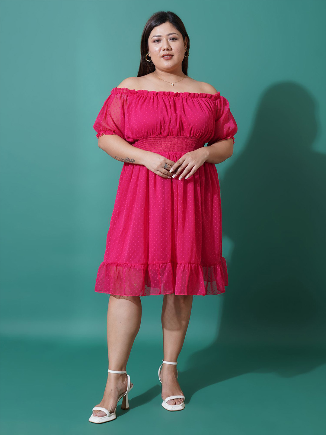U&F Beyond Off-Shoulder Ruffled Georgette Fit & Flare Dress