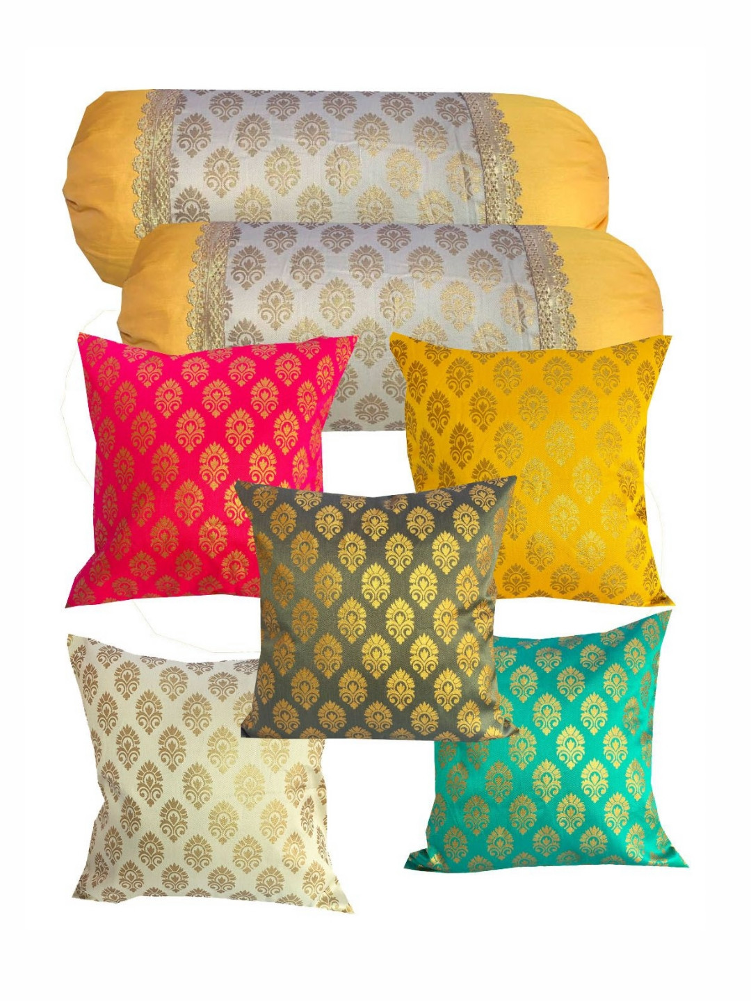 Pink Parrot Yellow & Green Set of 7 Ethnic Motifs Round Cushion Covers