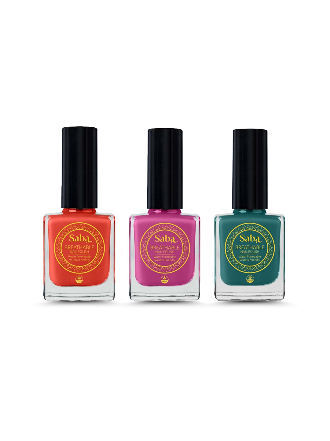 Saba Set Of 3 Breathable Nail Polish 12Ml - Hibiscus Red Mulberry Pink & Emerald Green