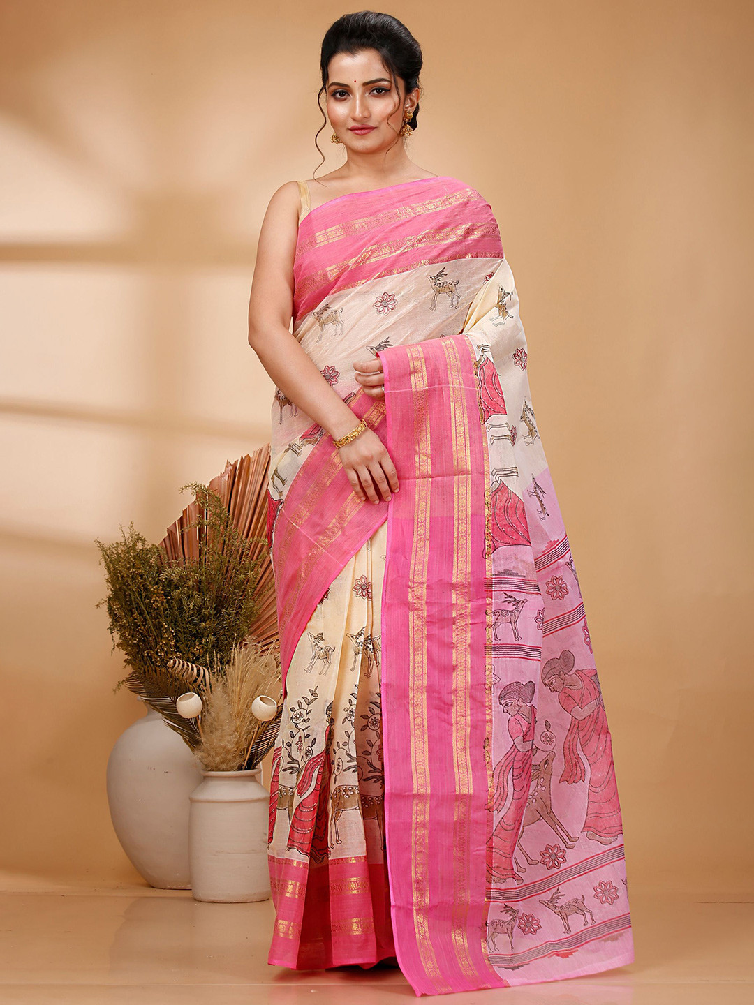 PuJoy Printed Sakuntala style Pure Cotton Taant Saree with Zari Border