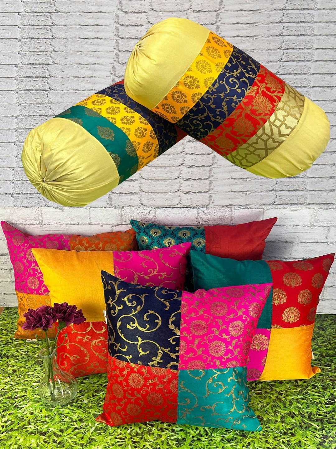 Pink Parrot Pinkparot Artsilk Bolster Ethnic Motifs Polyester 7 Pcs Cushion Covers - 16 x 16 In