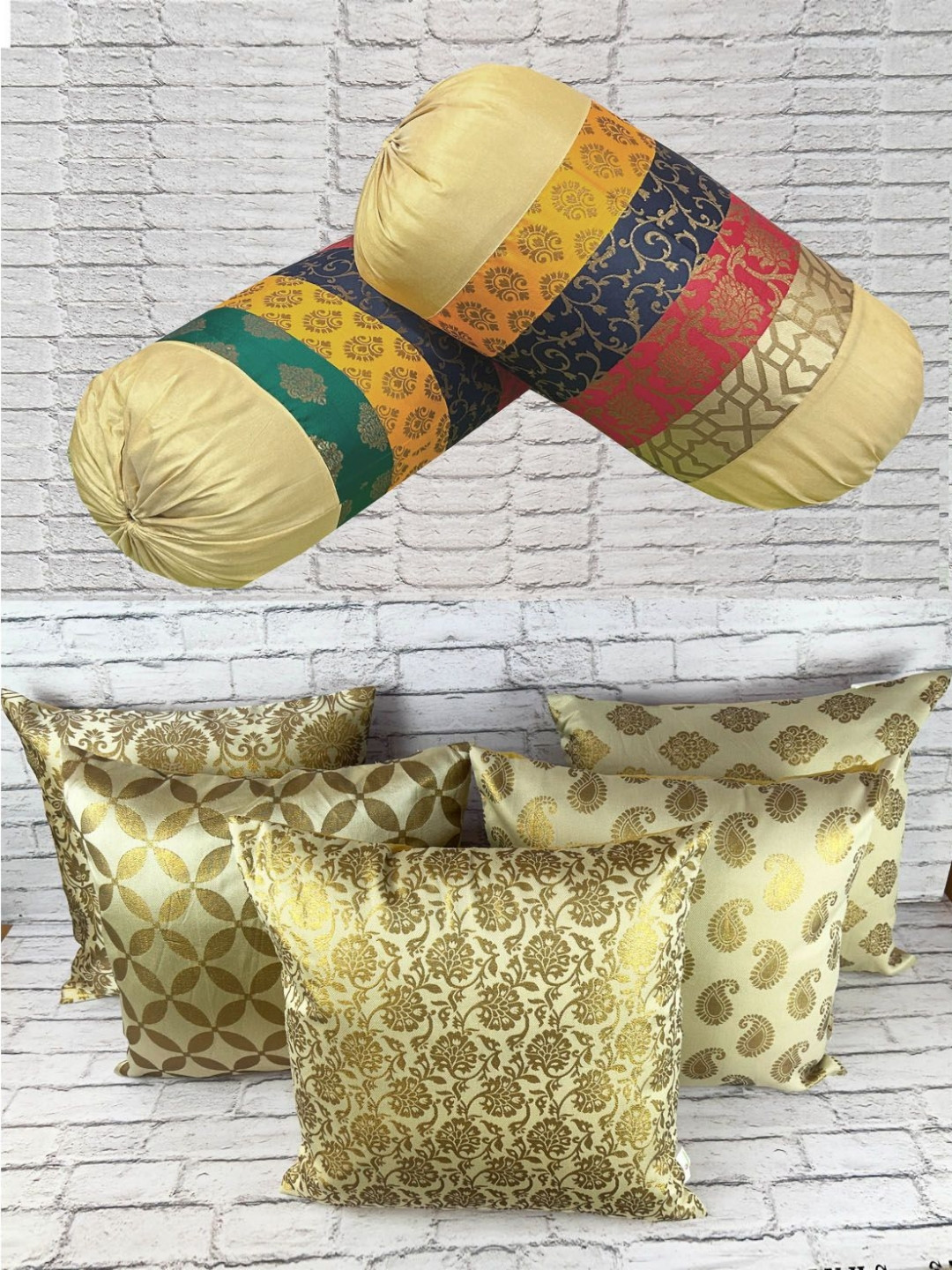 Pink Parrot Gold-Toned & Beige Set of 7 Ethnic Motifs Round Cushion Covers