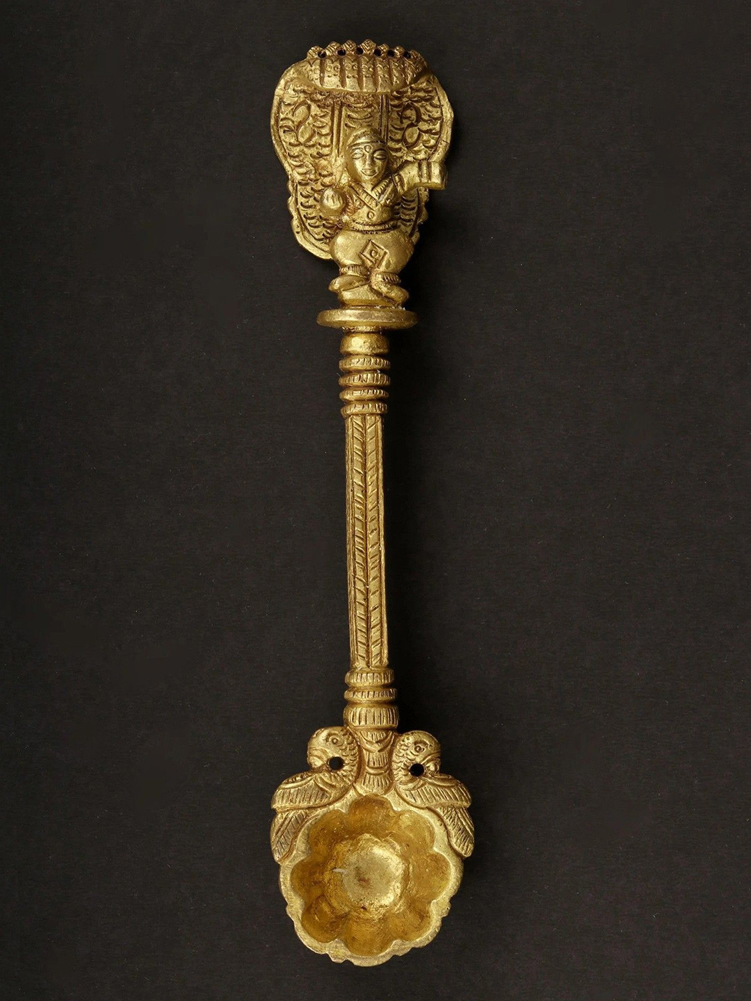 Exotic India Baby Krishna Ritual Spoon with Peacock Pair In Brass