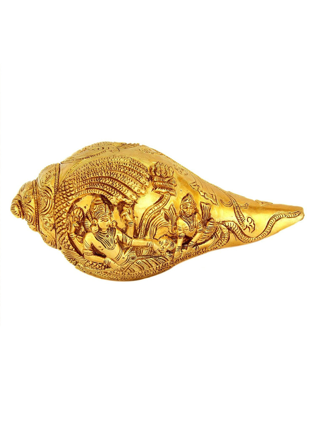 Exotic India Conch with Lord Vishnu and Lakshmi Ji Gold Brass Metallic Prayer Room Hand Made Small Showpiece - 4 Inches