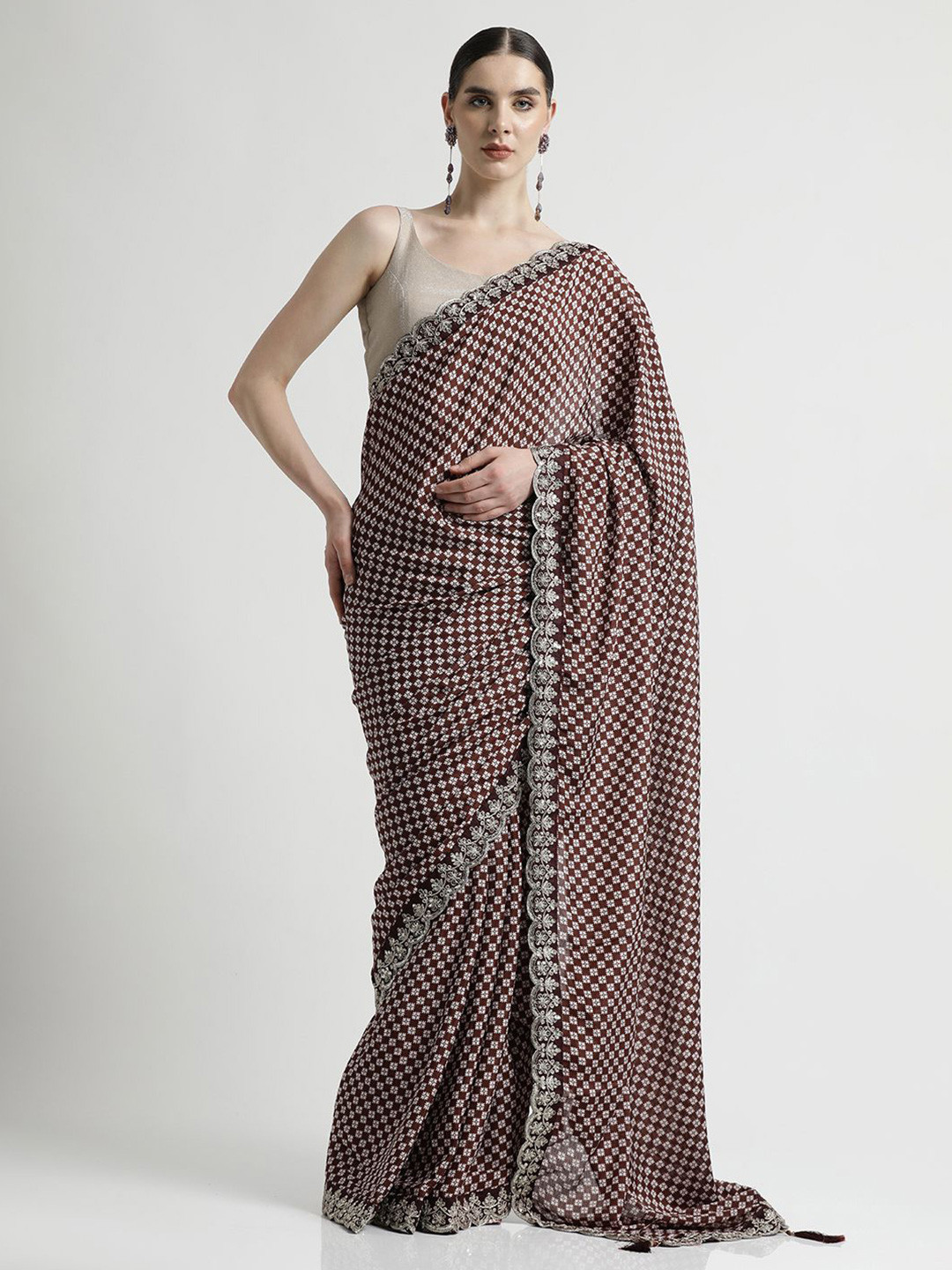 Jaipur Kurti Fancy Chinon Printed With Embroidered Lace Saree