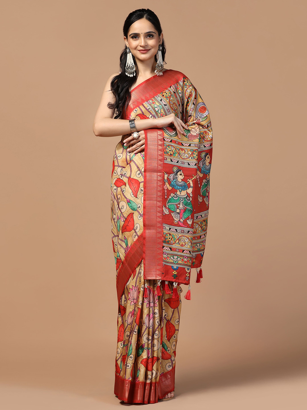 Kaizen TEXO FAB Women Kalamkari  Tussar Saree With  Zari Boarder