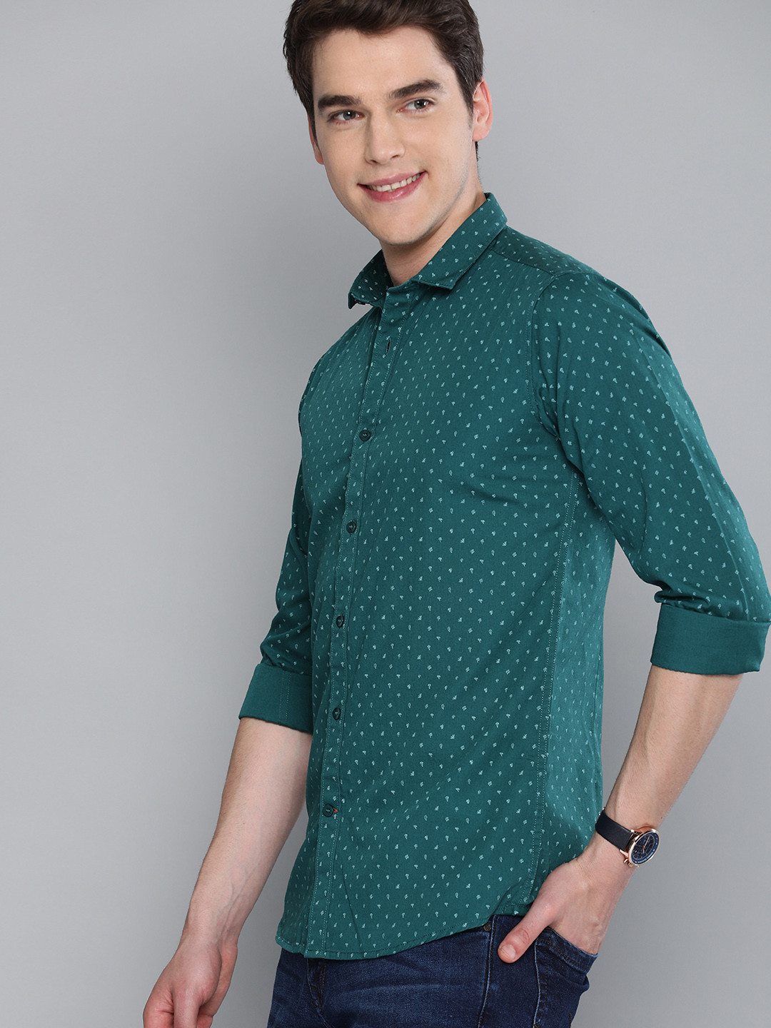 Mast & Harbour Men Green Printed  Cotton Casual Shirt