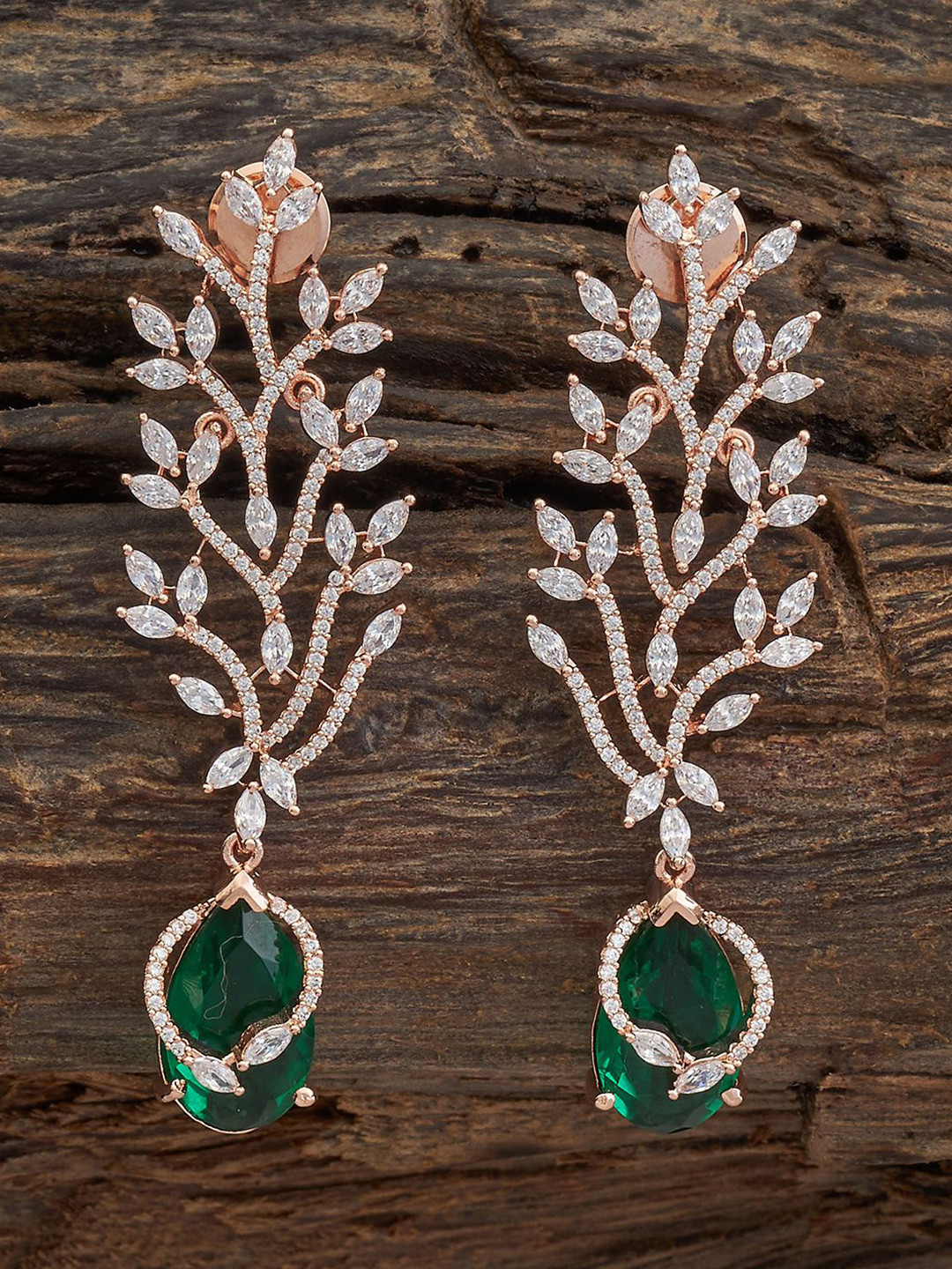 Kushal's Fashion Jewellery Floral Zircon Rose Gold-Embellished Bridal Drop Earrings