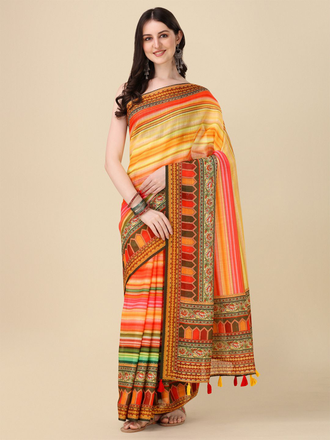 Kaizen TEXO FAB Khadi Saree with  Striped Sequinned