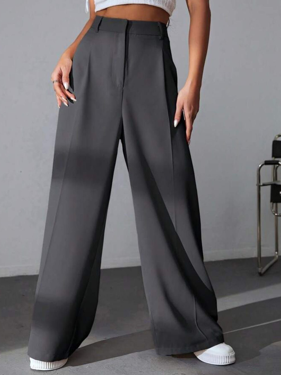 Next One Women Grey Pleated Korean Pants