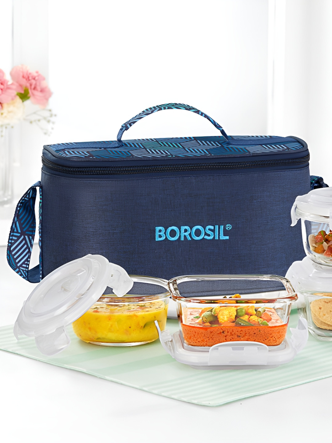 BOROSIL Foodluck Transparent & Blue 4 Pieces Glass Lunch Boxes