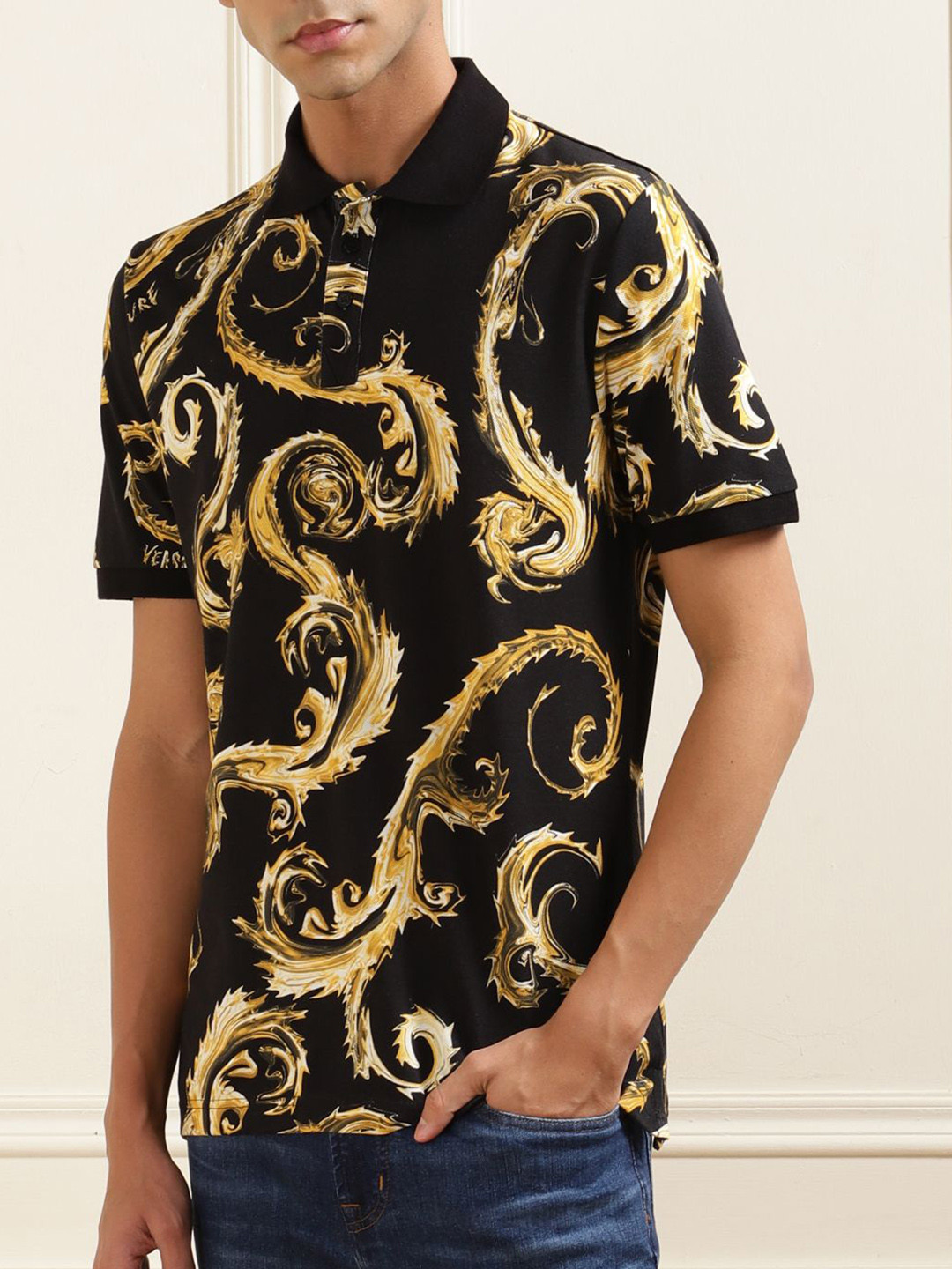 Versace Jeans Couture Men Printed Mandarin Collar Pockets T-shirt