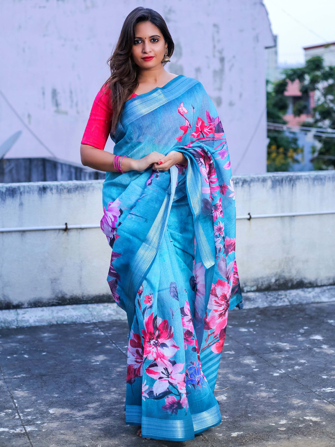 Kaizen TEXO FAB Floral Printed Woven Design Zari  Khadi Saree