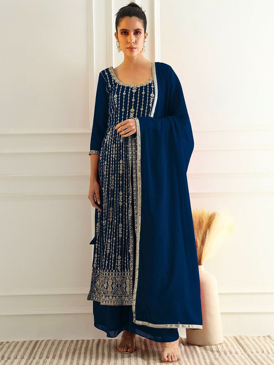 Chhabra 555 Alina Cut High Slit Zari Vertical Embroidered Kurta With Palazzo & Dupatta