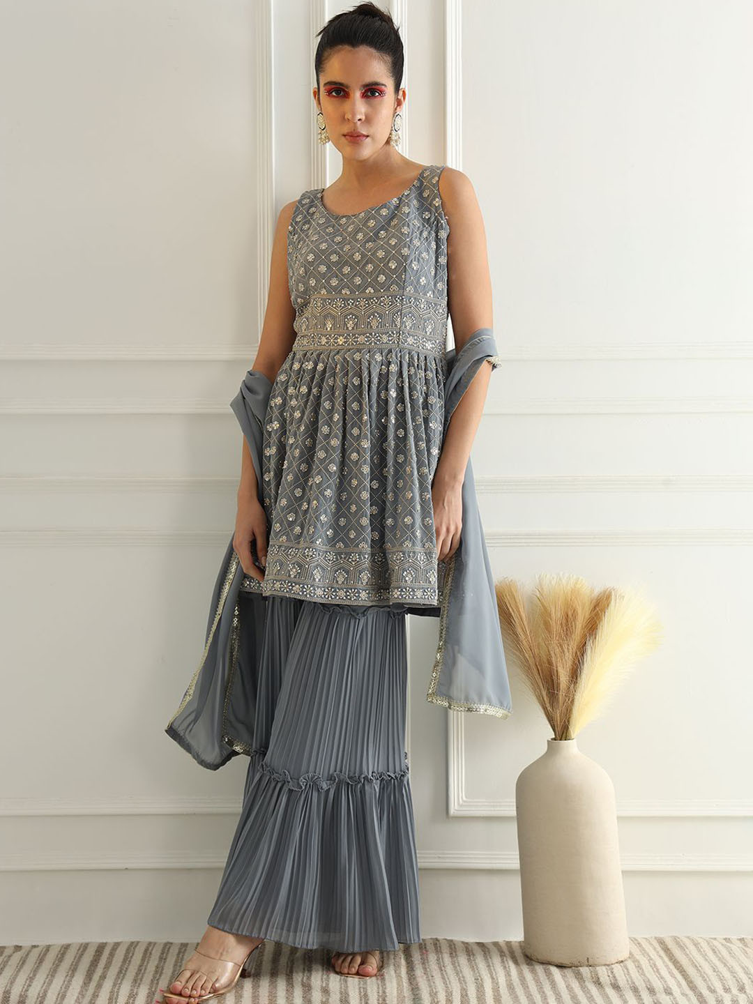 Chhabra 555 Embroidered Peplum A-Line Kurti With Sharara And Dupatta