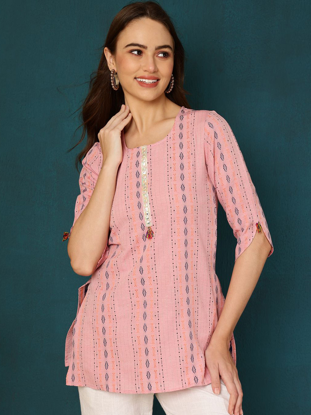 AKIMIA Woven Design Mirror Work Mirror Work Kurti