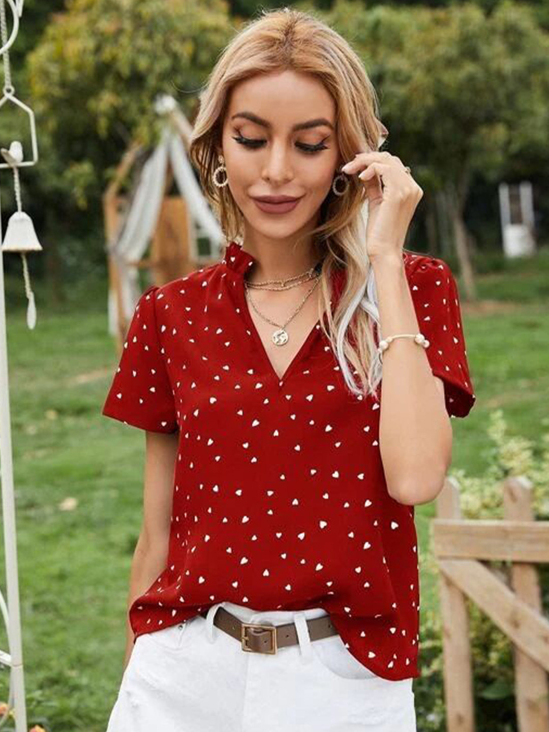 Rust Red V-Neck Short Sleeve Casual Top