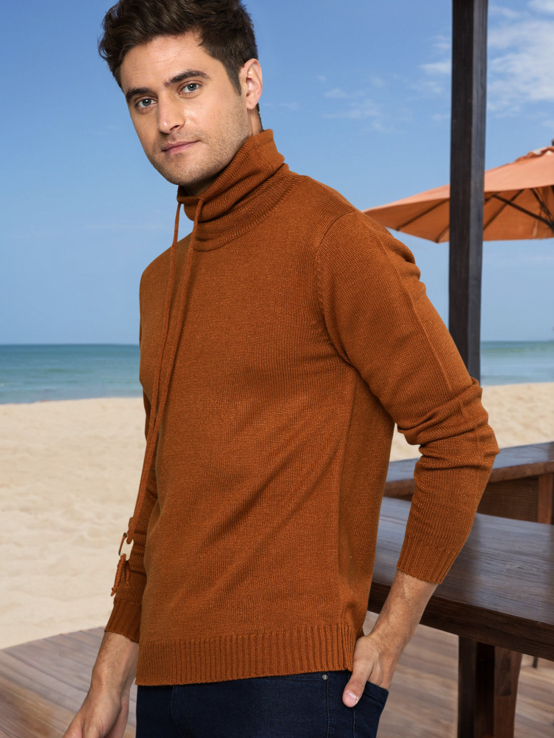 Mast & Harbour Men Rust Orange Solid Pullover Sweater