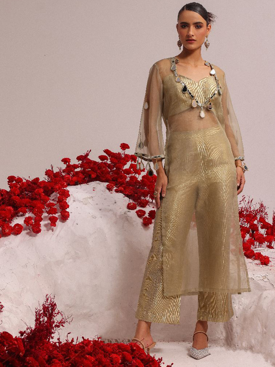MONI K LABEL Women Regular Mirror Work Kurta with Trousers