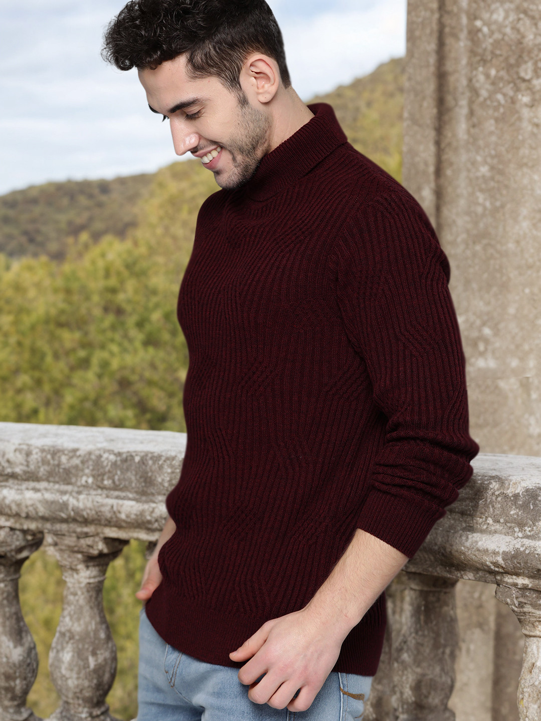 Mast & Harbour Men Maroon Ribbed Pullover Sweater