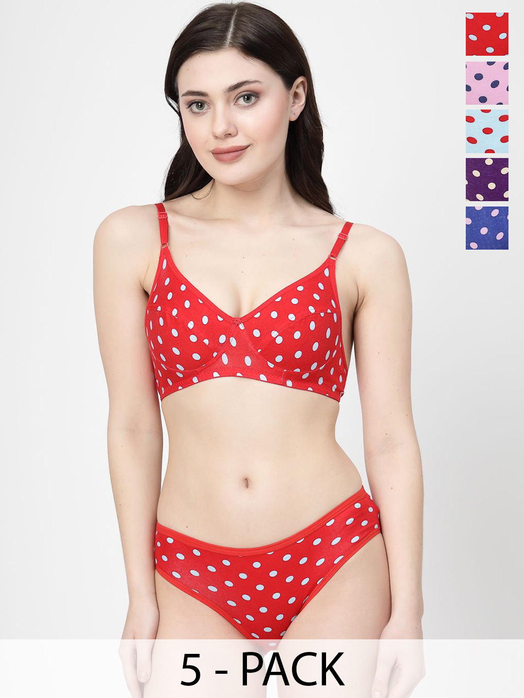 Docare Women's Pack Of 5 Polka Print Non-Padded Lingerie Set YummySet-PO6