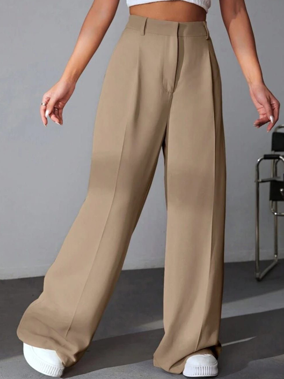 Next One Women Beige Pleated Korean Pants