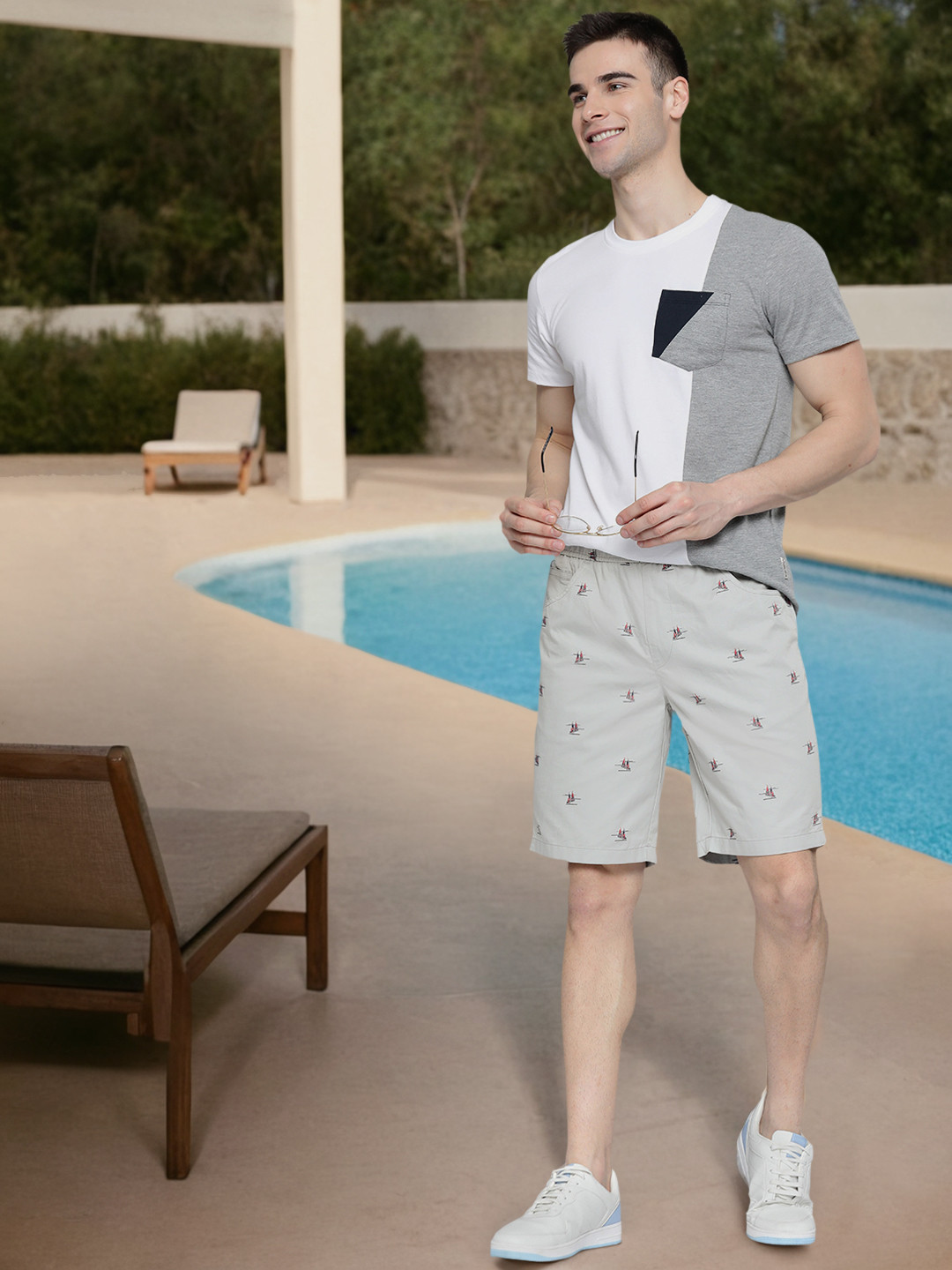 Mast & Harbour Men Grey & Navy Blue  Cotton Yacht Print Regular Fit Shorts