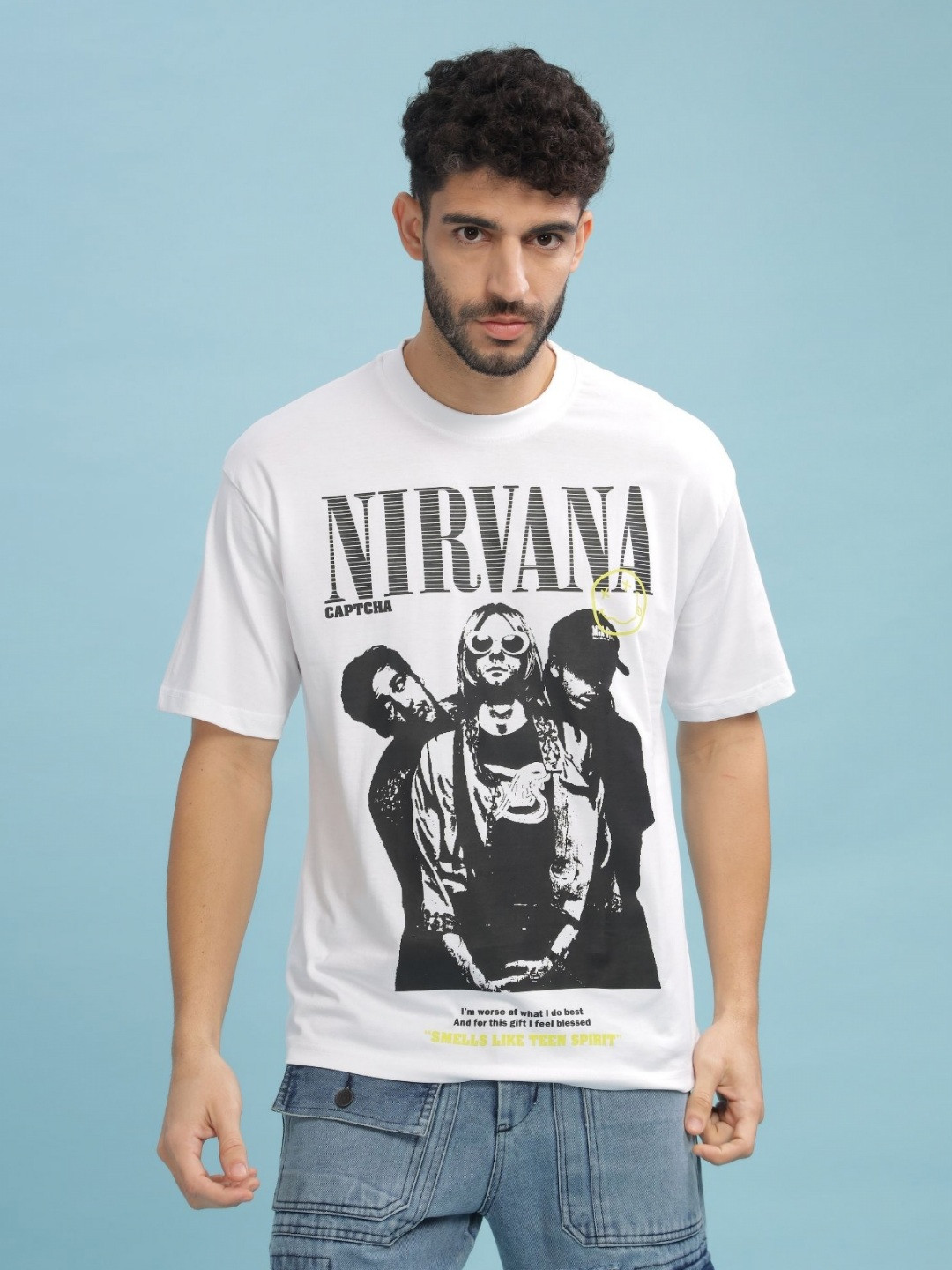 CAPTCHA Nirvana band Printed Drop-shoulder Pure Cotton Oversized Tshirt