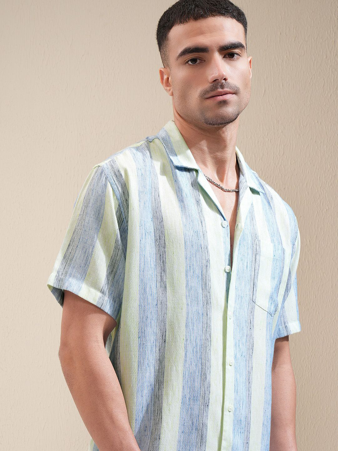 LOCOMOTIVE Premium Men LimeMocklino Textured Cuban Collar Relaxed Fit Shirt