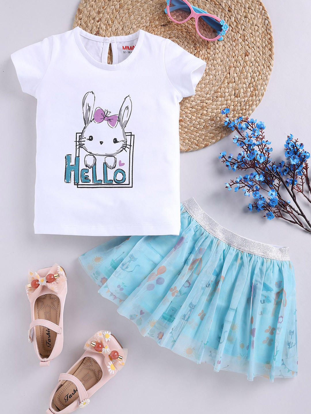 MIMINO Girls Printed T-shirt with Skirt